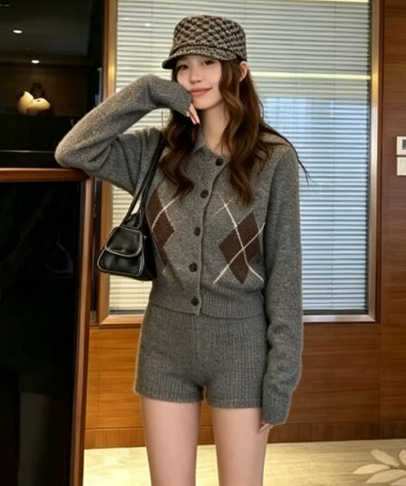 학원 스타일 레트로 폴로 칼라 다이아몬드 모양 그리드 니트 오픈 가디건 여성 패션 세트 하이웨이스트 타이트 스커트 반바지 투피스 세트