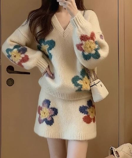 한 바람 chic 전체 집합 느긋한 느슨함 센스 부드러운 바람 2026 새로운 V넥 니트 스웨터 미니 스커트 투피스 슈트