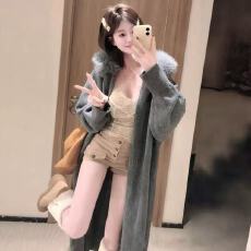 批发韩系慵懒感毛领<b class='q'>外套</b>长款风衣秋冬季新款宽松针织开衫毛衣加厚<b class='q'>大衣</b>