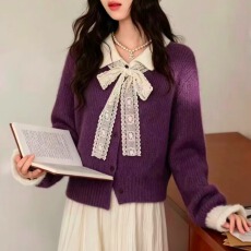 批发韩系<b class='q'>秋</b>冬新款蕾丝系带翻领坑条毛衣外套女装宽松慵懒加厚针织开衫