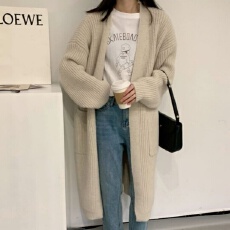 批发韩版加厚粗毛线中长款针织开衫女春秋冬慵懒风大口袋宽松百搭外套