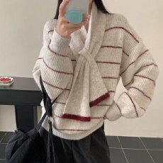 批发韩版慵懒风V领条纹针织衫女秋冬2026新款宽松减龄配围巾套头毛衣