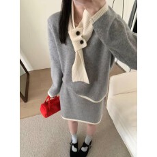 批发韩系学院风套装女秋冬巨好看一整套长袖围脖毛衣针织短裙三件套