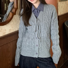 批发韩系麻花系绳长袖针织开衫毛衣女2026早秋新款美式宽松显瘦上衣