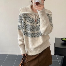费尔岛色系软糯舒适提花半开领毛衣女秋冬季韩新款气质高领针织衫