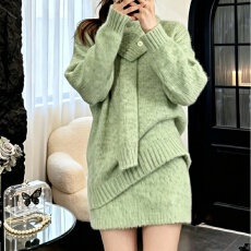 批发韩系复古慵懒风宽松显瘦毛衣<b class='q'>女</b>＋高腰针织半身裙<b class='q'>套装</b>配围巾两件套