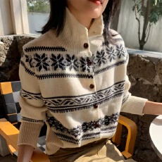 批发复古高级感蓝色费尔岛高领<b class='q'>毛衣</b><b class='q'>女</b>秋冬宽松慵懒风圣诞针织<b class='q'>开衫</b>外套