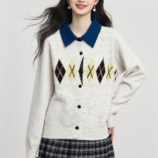 批发菱格纹<b class='q'>牛仔</b>Polo领针织衫春节新年过年宽松上衣女