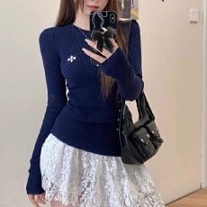 批发韩系长袖针织衫女秋冬季坑条修身显瘦<b class='q'>打底</b>衫内搭十字提花撞色<b class='q'>上衣</b>