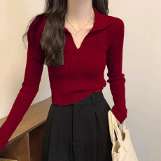 批发法式内搭V领小翻领针织衫女早春穿搭短款修身<b class='q'>打底衫</b>毛衣长袖上衣