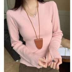 批发温柔系坑条简约修身V领内搭针织衫女秋季气质显瘦长袖上衣<b class='q'>打底衫</b>