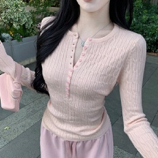 批发粉色麻花毛衣<b class='q'>女</b>内搭修身半开v领长袖2026秋冬新款针织衫百搭上衣