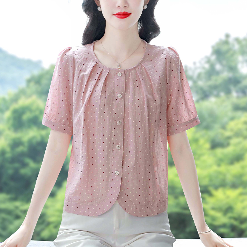 FA33519# 圆领衬衫棉麻圆点女装夏装新款短袖上衣短款显瘦百搭小衫 服裝批發女裝批發服飾貨源