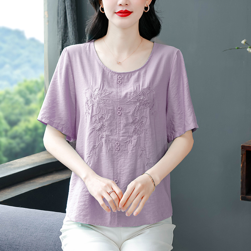 RY672# 夏季新款短袖棉麻刺绣上衣圆领中老年宽松显瘦妈妈装小衫女士