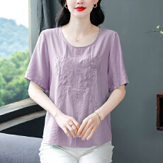 批发夏季新款短袖棉麻刺绣上衣圆领<b class='q'>中老年</b>宽松显瘦<b class='q'>妈妈</b>装小衫女士