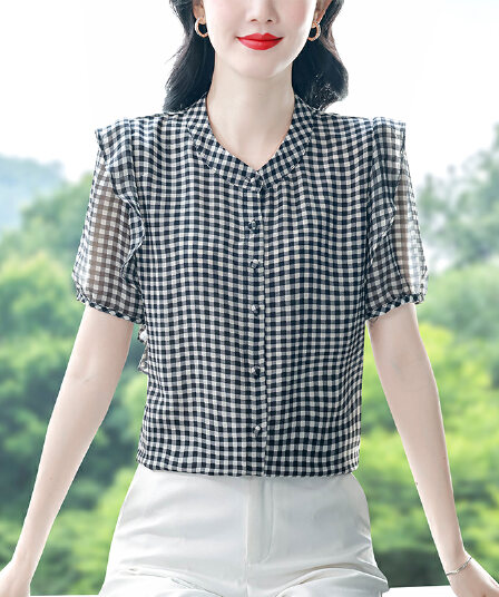 프랑스식 격자 무늬 셔츠 여성용 짧은 소매 맨위 여름 새로운 디자인 센스 품격 연령 감소 슬림해 보이는 쉬폰 블라우스