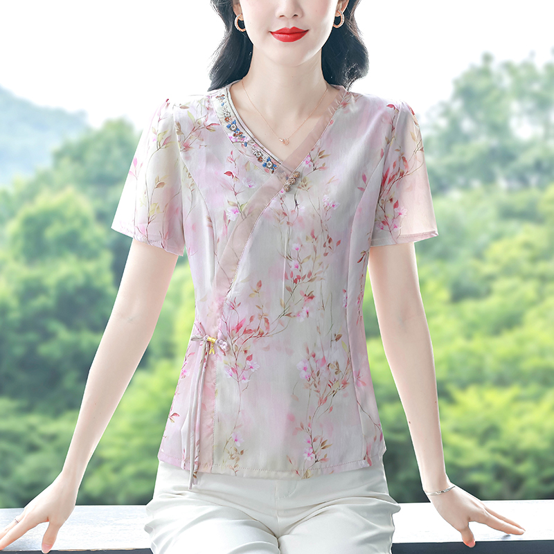민족 스타일 프린트 반팔 셔츠 자수 맨위 여름 드레스 새로운 품격 V넥 외국 가스 엄마 국풍 작은 셔츠