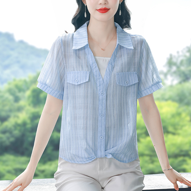 새로운 페이크 레이어드 셔츠 여성 반팔 여름 드레스 외국 가스 품격 루즈핏 표지 배 슬림해 보이는 쉬폰 블라우스