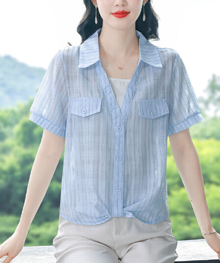새로운 페이크 레이어드 셔츠 여성 반팔 여름 드레스 외국 가스 품격 루즈핏 표지 배 슬림해 보이는 쉬폰 블라우스