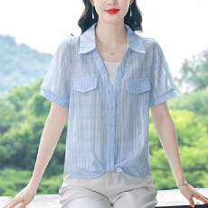 批发新款假两件衬衫女士<b class='q'>短袖</b>夏装洋气气质宽松遮肚子显瘦<b class='q'>雪纺衫</b>