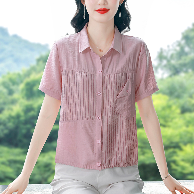 여름 드레스 새로운 폴로 칼라 반팔 패션 외국 가스 슬림해 보이는 연령 감소 세련된 여성 셔츠 표지 배 다용도 맨위