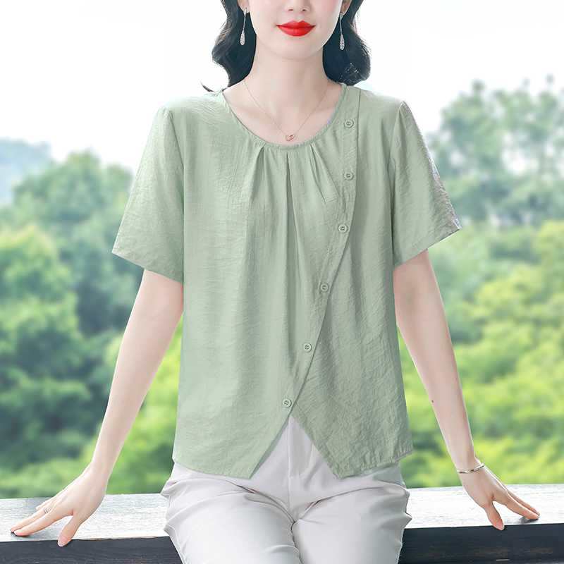 불규칙 반팔 여성 셔츠 여름 새로운 외국 가스 작은 셔츠 연령 감소 패션 중년 엄마 라운드 넥 맨위