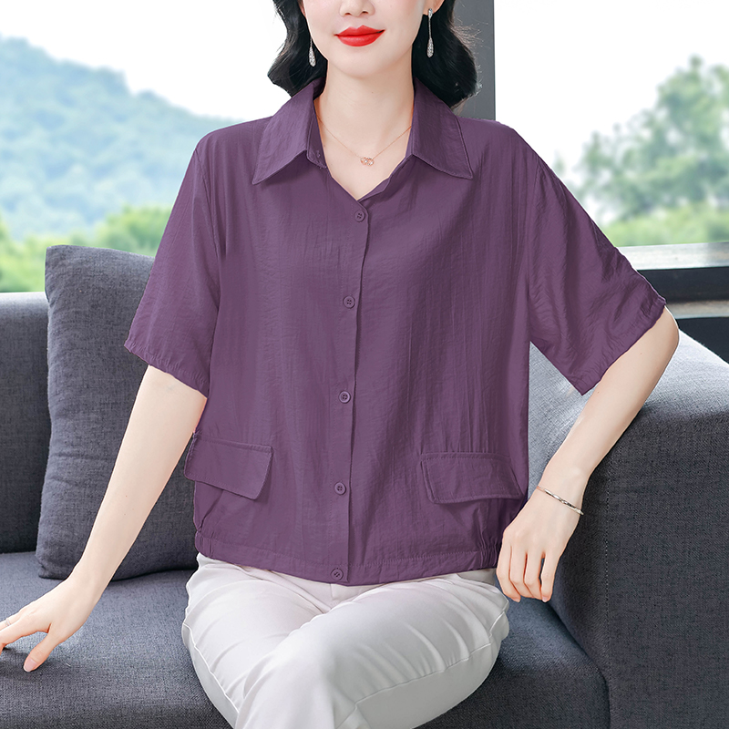 새로운 면 린넨 셔츠 반팔 여름 캐주얼 루즈핏 다용도 맨위 고급 센스 폴로 칼라 여성 연령 감소 엄마 작은 셔츠