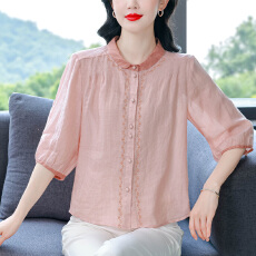 批发新款夏季薄款刺绣棉麻衬衫减龄洋气五分袖上衣中年<b class='q'>妈妈装</b>女装