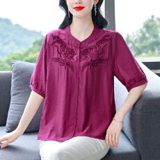批发小立领刺绣棉麻上衣大码宽松遮肚子<b class='q'>中老年</b>妈妈显瘦短袖小衫夏新款