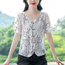 批发精致百搭上衣圆领碎花<b class='q'>雪纺衫</b>百搭漂亮妈妈女装夏装新款小衫短袖