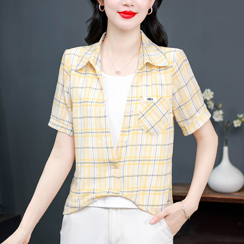 패션 외국 가스 연령 감소 패치워크 페이크 레이어드 여성 셔츠 여름 새로운 루즈핏 반팔 표지 배 맨위