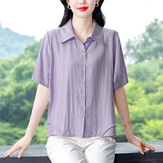 批发夏装宽松大码妈妈装<b class='q'>棉麻</b>衬衫短袖翻领遮肚显瘦上衣女新款百搭小衫
