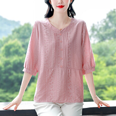 批发宽松大码时尚<b class='q'>妈妈</b>装五分袖棉麻衬衫女士夏装新款遮肚子显瘦上衣
