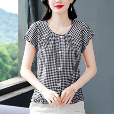 批发年轻妈妈夏装洋气短袖减龄格子衬衫夏季新款百搭短款小衫女士<b class='q'>上衣</b>