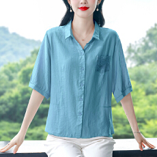 批发中年妈妈夏装衬衫女新款蕾丝口袋宽松<b class='q'>大码</b>棉麻上衣遮肚子显瘦小衫