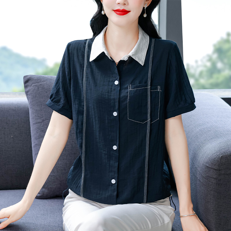 어머니 드레스 여름 배색 폴로 칼라 반팔 셔츠 중년 여성 디자인 센스 작은 셔츠 슬림해 보이는 연령 감소 맨위