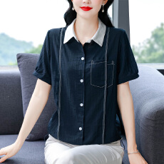 批发<b class='q'>妈妈装</b>夏季撞色翻领短袖衬衫中年女士设计感小衫显瘦减龄上衣