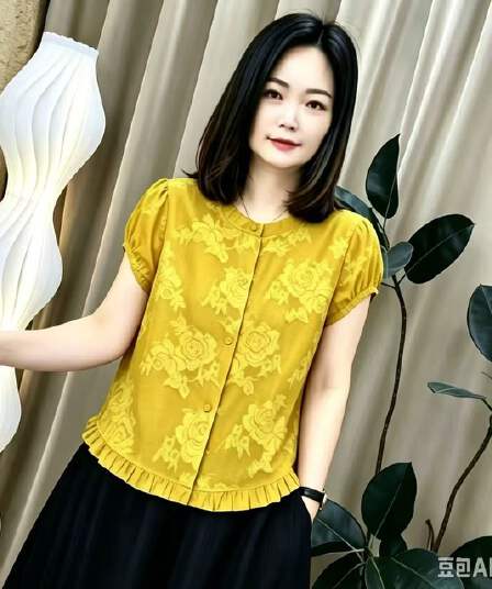 레트로 어둠 곡물 꽃무늬 셔츠 프릴 밑단 루즈핏 슬림해 보이는 어머니 드레스 반팔 얇고 가벼운 통기성 맨위