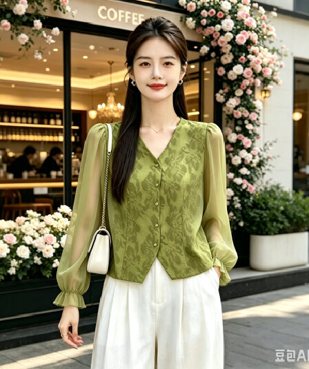 가을 새로운 쉬폰 패치워크 V넥 맨위 몸매 가꾸기 슬림해 보이는 다용도 작은 셔츠 패션 아름다운 엄마 여성 의류