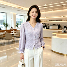 批发中年妈妈秋季长袖上衣V领雪纺拼接提花小衫<b class='q'>时尚</b>漂亮显瘦女装