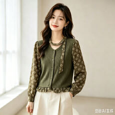 批发中年妈妈装秋季假两件<b class='q'>上衣</b>女 针织拼接碎花长袖飘带V领木耳