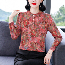 批发秋冬新款中老年妈妈装一体绒加厚<b class='q'>打底衫</b>复古碎花立领上衣显瘦T恤