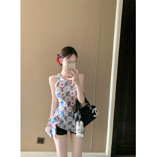 批发韩系小众不规则别致碎花格纹挂脖<b class='q'>背心</b>百搭修身上衣女实拍实价