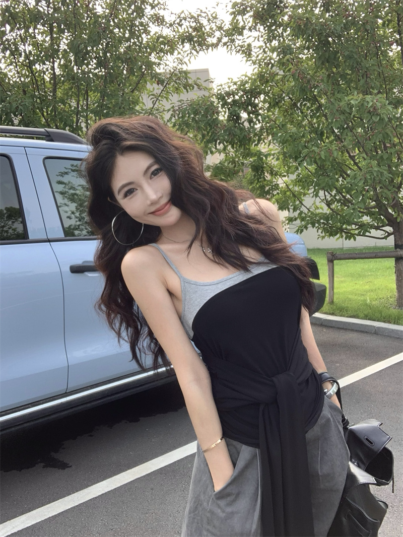 여름 새로운 디자인 센스 스트랩 허리 수축 몸매 가꾸기 슬림해 보이는 패치워크 색상 민소매 캐미솔 실사 정가