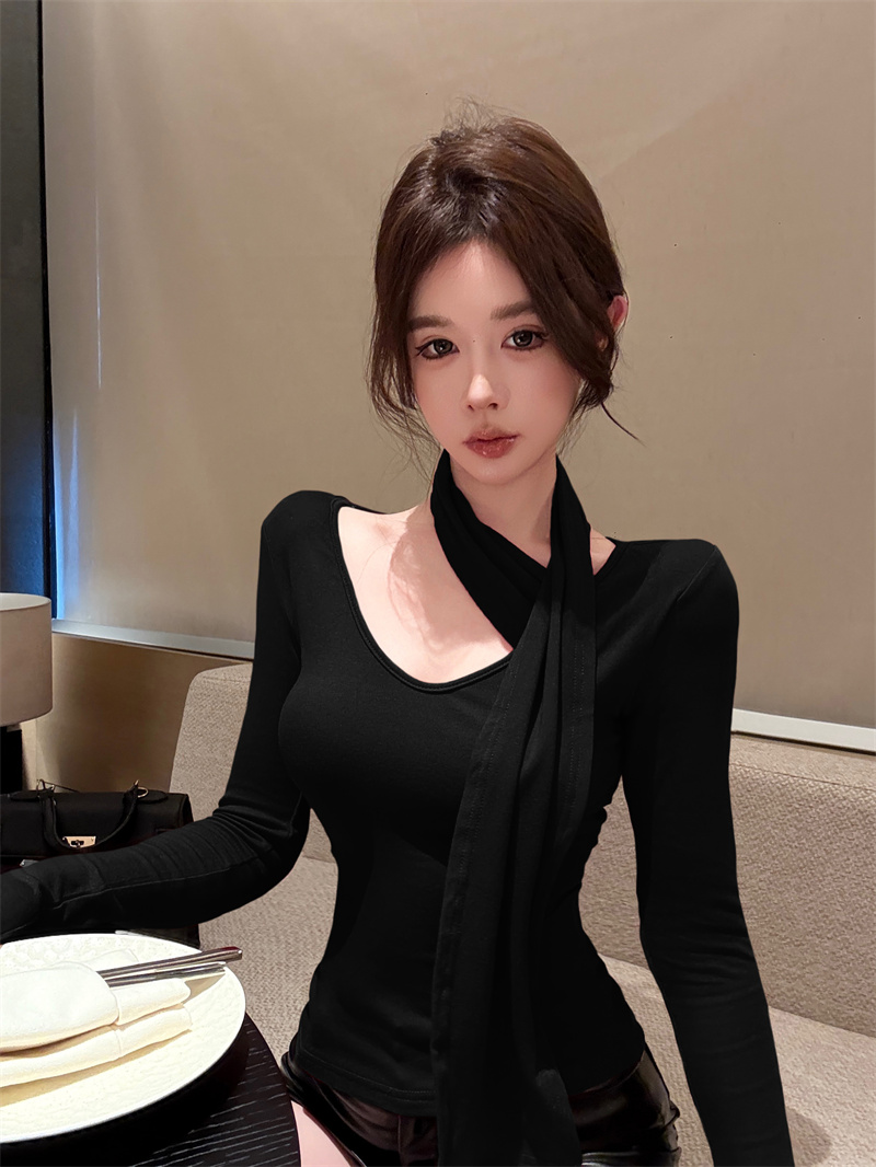 한 여성 품격 핫걸 리본 긴팔 티셔츠 섹시함 몸매 가꾸기 V넥 단색 기본 셔츠 맨위 가을 실사 정가