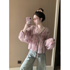 批发法式温柔风碎花<b class='q'>长袖</b><b class='q'>雪纺衫</b>内搭吊带背心两件套实拍实价