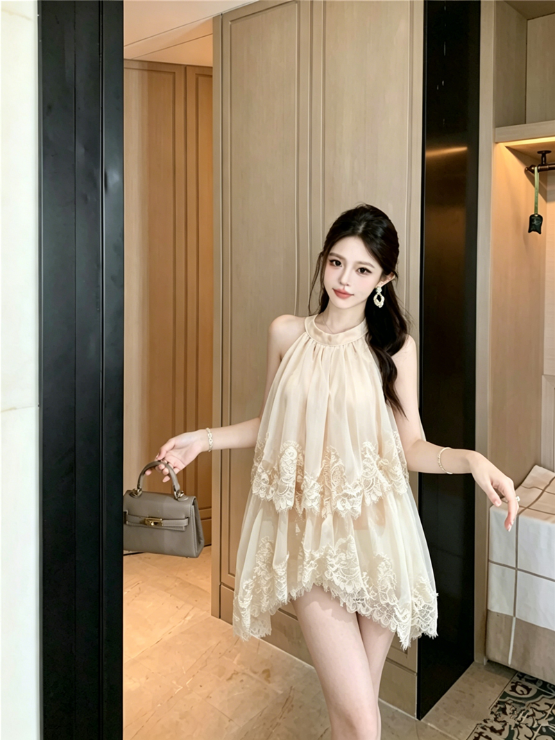 불규칙 디자인 센스 다용도 슬림해 보이는 쉬폰 패치워크 레이스 측면 풀오버 단색 조끼 실사 정가
