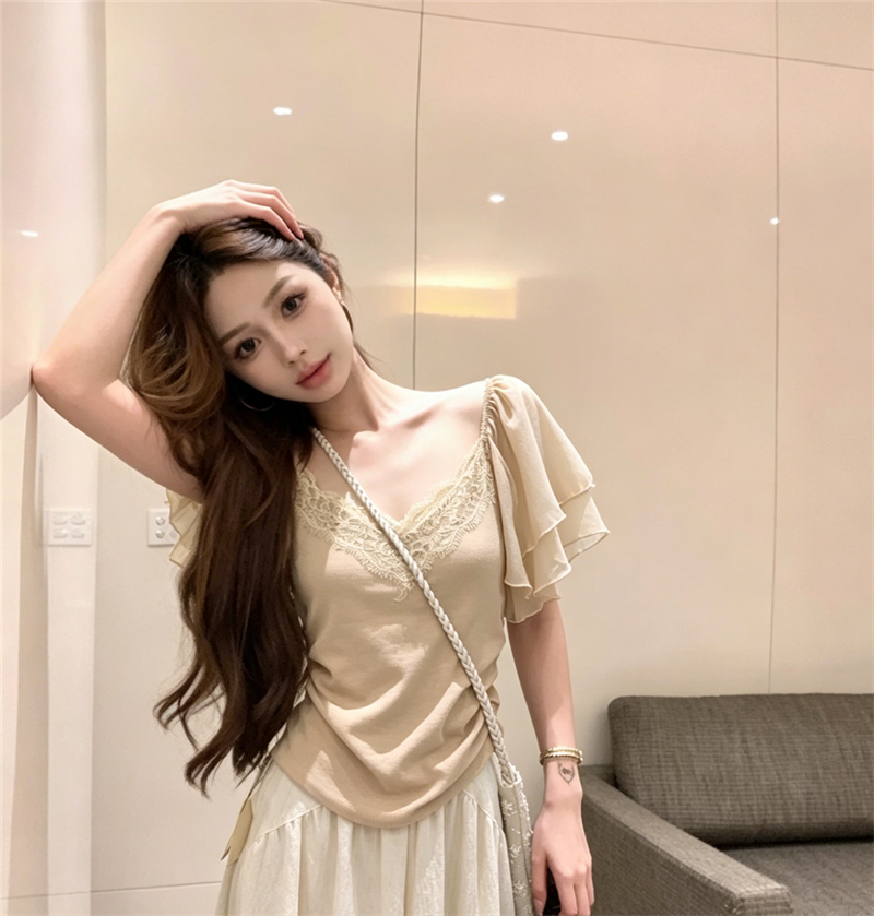 한 부서 V넥 레이스 측면 작은 날다 소매 작은 셔츠 여성 여름 섹션 미니멀리즘 풀오버 다용도 반팔 티셔츠 실사 정가
