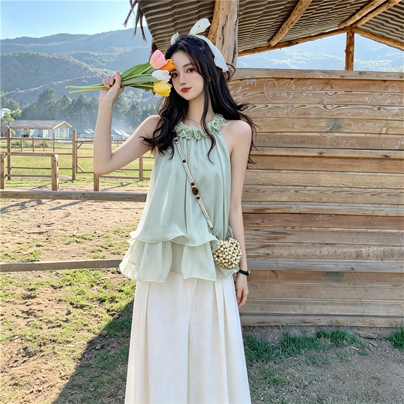 한 부서 순수한 욕망 분위기 센스 프릴 행침 목 퍼프 작은 셔츠 민소매 루즈핏 맨위 실사 정가