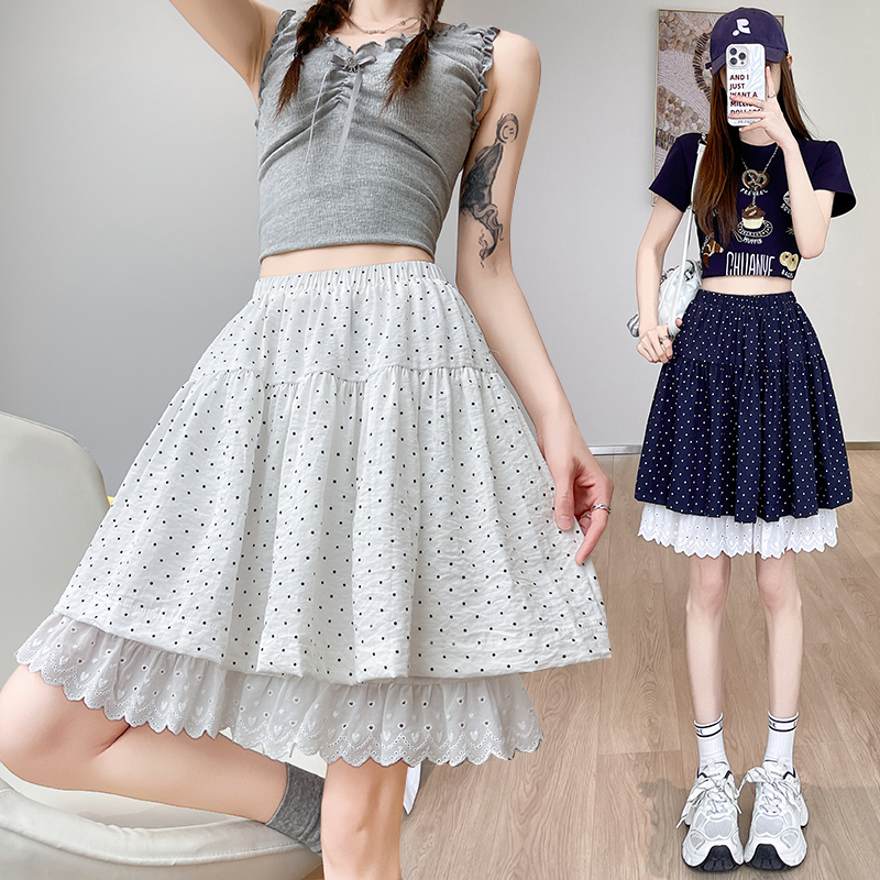 实拍显瘦法式甜美风波点蕾丝花边半身裙女蛋糕裙A字蓬松ins中裙